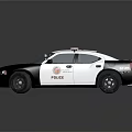 Black And White Police Sedan With Red Blue Lights And Police Emblem