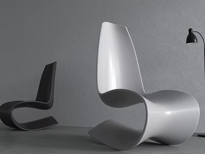 Modern Sleek Design Chair With Curved Shape Against Gray Wall And Floor Lamp 3d model