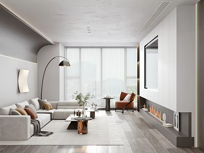 Modern Living Room Interior With Gray Sofa Orange Armchair Large Windows TV Wall And Fireplace 3d model