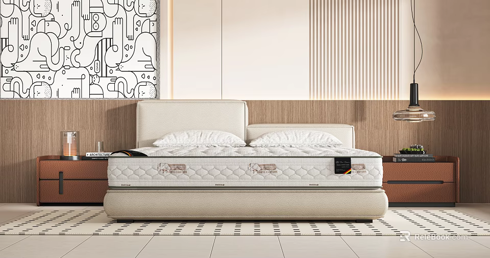 Modern Double Bed With Comfortable Mattress Light Colored Headboard And Wooden Panel Wall 3d model 
