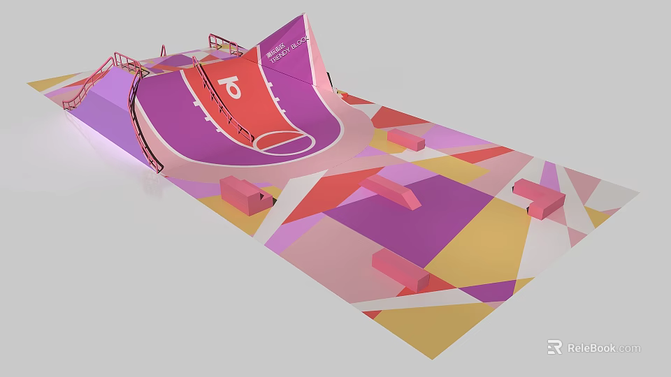Colorful Skateboard Ramp With Red Arc Number 6 And Geometric Patterns 3d model 