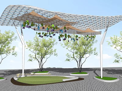 Garden Landscape With Net Like Canopy Hanging Plants Trees Paved Path And Green Lawn 3d model