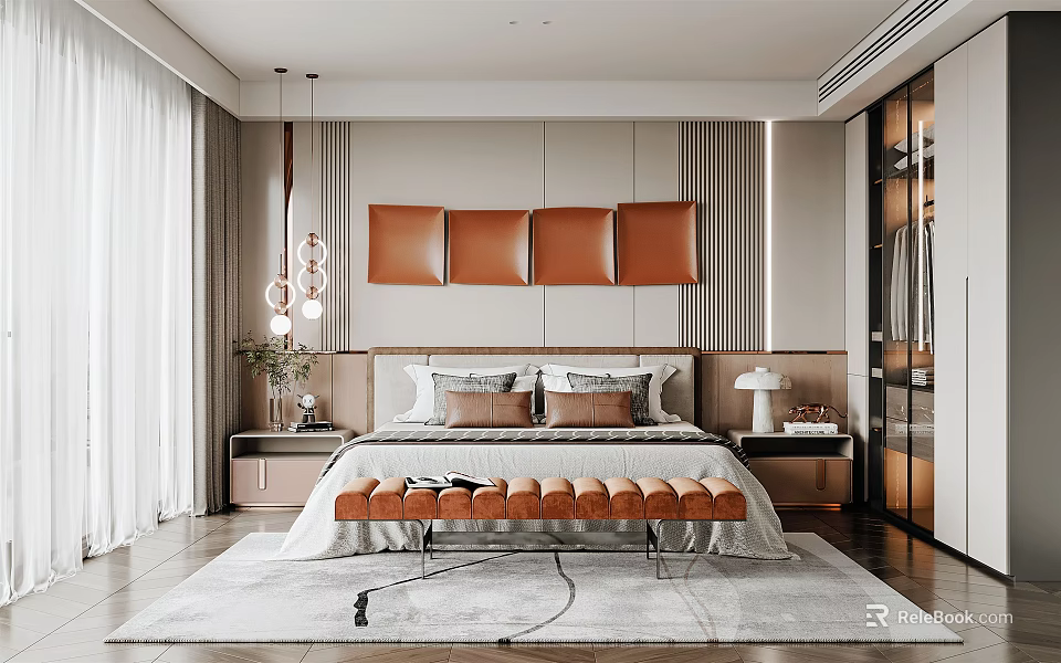 Modern Bedroom Interior Design With Orange Padded Panels Bench Bedside Tables Curtains And Rug 3d model 