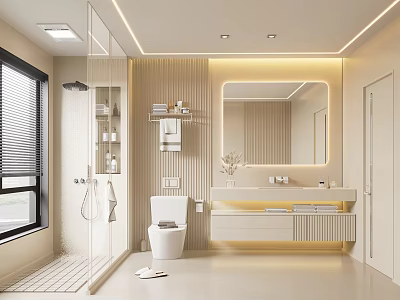 Modern Bathroom Interior Design With Glass Shower Toilet Vanity Mirror And Ambient Lighting 3d model