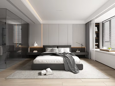 Modern Minimalist Bedroom Interior Design With White Bedding Gray Throw Nightstands And Large Window Blinds 3d model