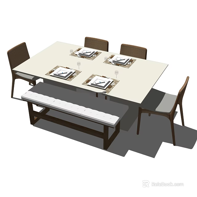 Light Colored Rectangular Dining Table Set with Wooden Chairs Bench Placemats and Cutlery 3d model