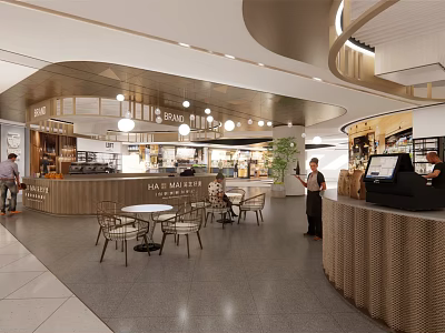 Modern Shopping Mall Store Interior With Counter Seats Staff And Ambient Lighting 3d model
