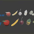 High Poly and Low Poly Fruit Collection Including Apple Banana Cherry Pineapple and Avocado 3d model