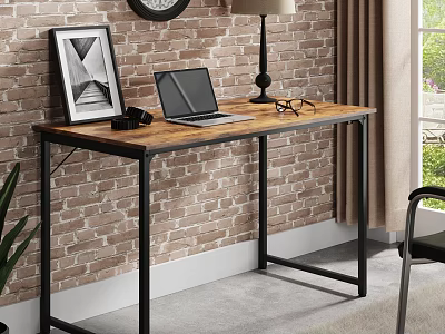 Home Office Desk with Wooden Top Black Metal Frame Laptop Table Lamp Eyeglasses and Headphones 3d model