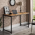 Home Office Desk with Wooden Top Black Metal Frame Laptop Table Lamp Eyeglasses and Headphones
