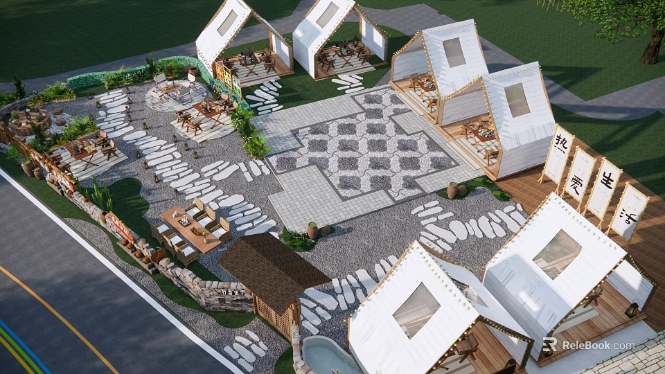 Garden Landscape Design With White Tents Geometric Pavement And Stone Paths 3d model 