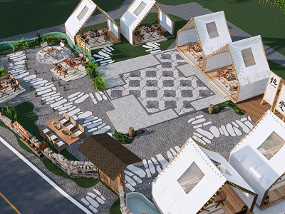 Garden Landscape Design With White Tents Geometric Pavement And Stone Paths 3d model