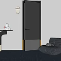 Modern Black Hinged Door In Minimalist Interior With Gray Wall And White Sculpture