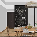 Chalkboard Wall Hanging With Floral Patterns Handwritten Save the Date and Names Above Dining Table