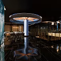 Modern Luxury Club Interior With Bar Counter Wine Racks Seats Lighting Screens And Water Feature