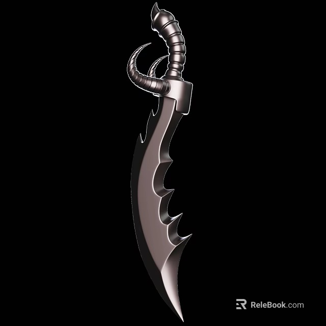 Unique Metallic Weapon With Curved Serrated Blade And Ornate Handle Design 3d model 