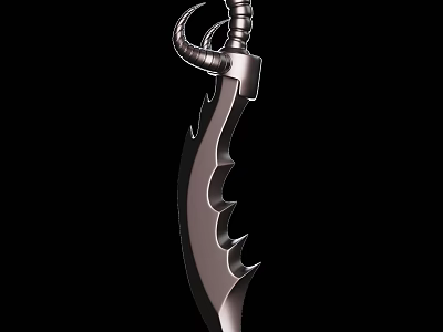 Unique Metallic Weapon With Curved Serrated Blade And Ornate Handle Design 3d model