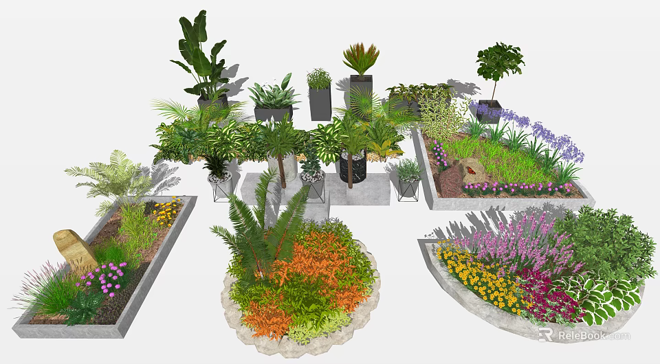 Various Bonsai and Potted Plants with Palm Ferns Colorful Flowers and Decorative Planters 3d model 