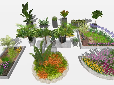 Various Bonsai and Potted Plants with Palm Ferns Colorful Flowers and Decorative Planters 3d model