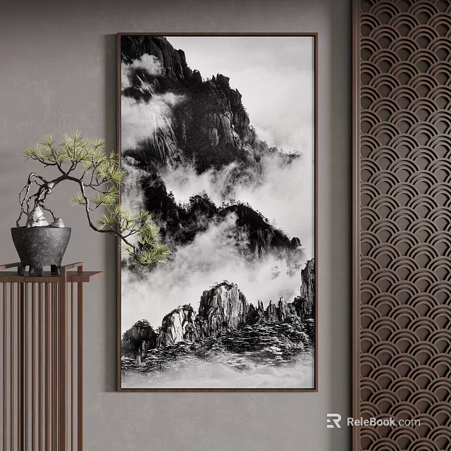 Chinese Ink Wash Landscape Painting With Bonsai And Traditional Decor 3d model 