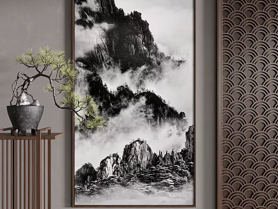 Chinese Ink Wash Landscape Painting With Bonsai And Traditional Decor 3d model