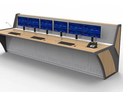 Modern Console Office Desk With Multiple Monitors Wooden Panel And Metal Frame 3d model