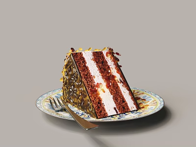 Slice of Layered Chocolate Cake with White Cream Red Filling on Decorative Plate and Fork 3d model
