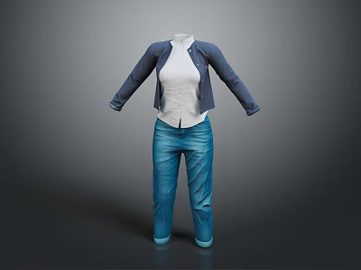 Layered Dark Blue Cardigan White Shirt And Blue Jeans Casual Outfit 3d model