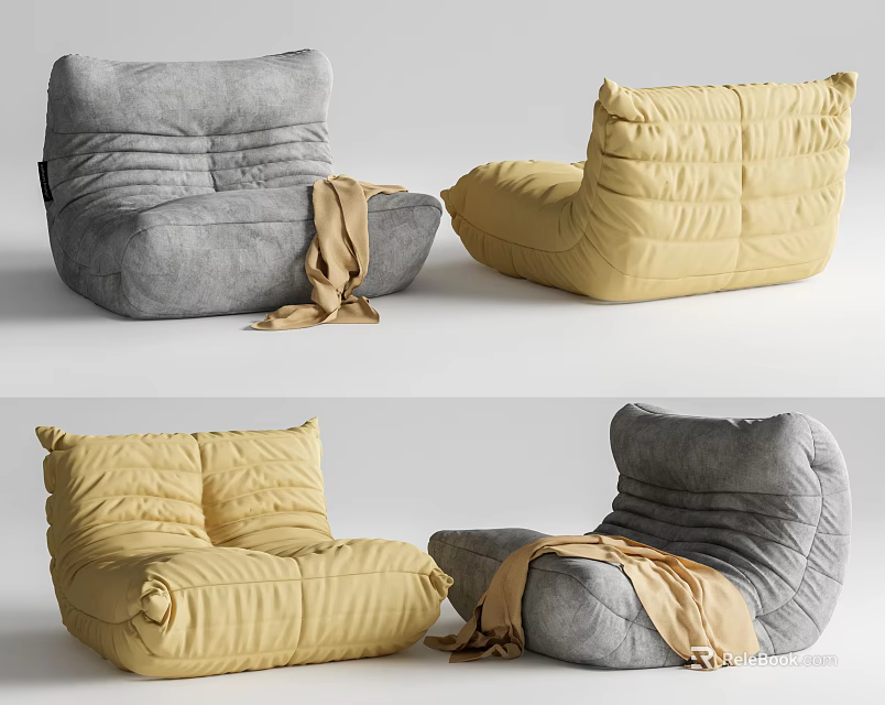 Gray and Yellow Bean Bag Chairs with Soft Blanket for Comfortable Seating 3d model 
