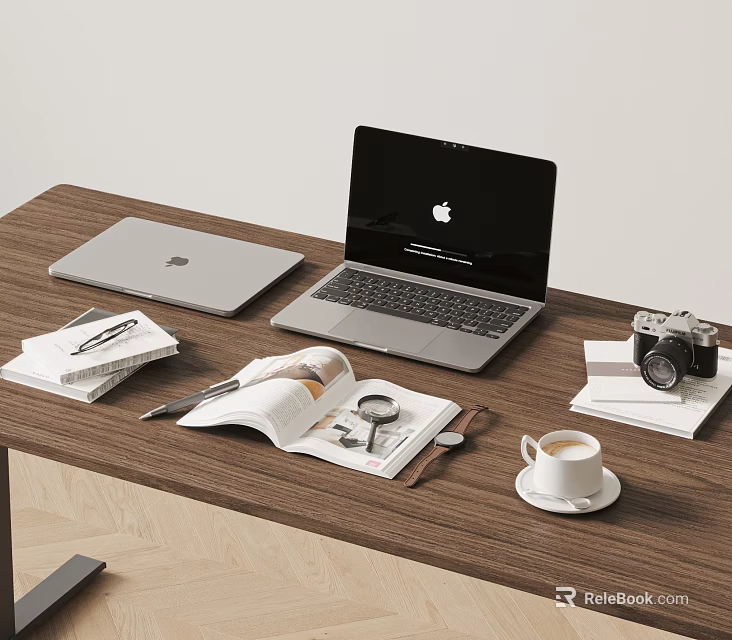 Open Apple Laptop On Wooden Desk With Camera Coffee Cup And Magazine Items 3d model 