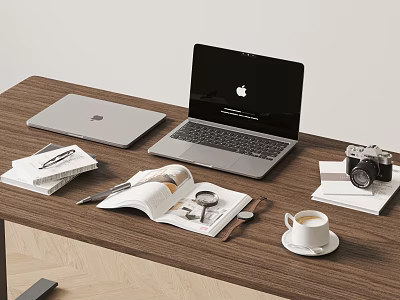 Open Apple Laptop On Wooden Desk With Camera Coffee Cup And Magazine Items 3d model