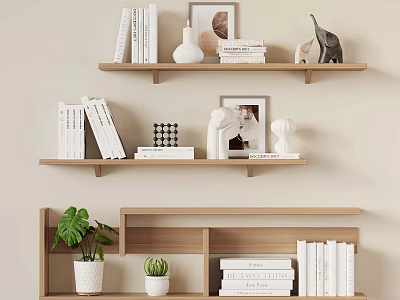 Stylish Wooden Shelves With Books Picture Frames Plants And Decorative Items 3d model