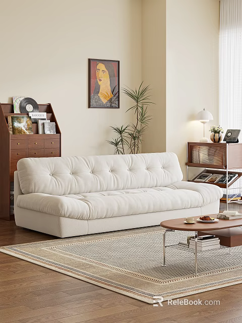 Beige Upholstered Multi Person Sofa With Button Tufted Wooden Shelf Green Plant And Coffee Table 3d model 