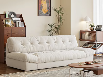 Beige Upholstered Multi Person Sofa With Button Tufted Wooden Shelf Green Plant And Coffee Table 3d model