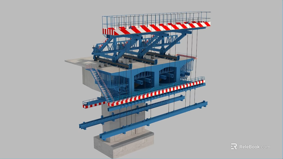 Construction Site With Blue Framework Red White Warning Stripes And Concrete Support Platform 3d model