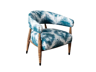 Elegant Accent Chair With Blue White Pattern Upholstered Fabric And Wooden Legs Design 3d model