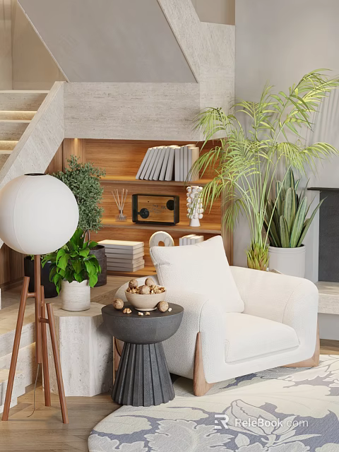 Stylish Accent Chair in Cozy Nook with Wooden Bookshelf Green Plants and Floor Lamp 3d model 