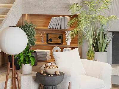 Stylish Accent Chair in Cozy Nook with Wooden Bookshelf Green Plants and Floor Lamp 3d model