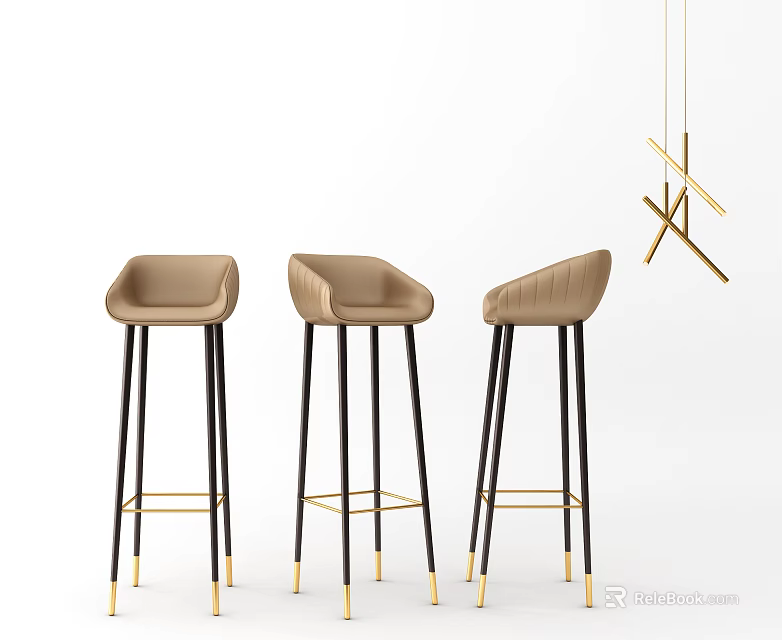 Modern Stylish Bar Stools With Beige Upholstered Seats Black Metal Legs And Golden Accents 3d model 