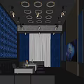Modern KTV Interior Design With Blue Circular Patterned Walls Dark Sofas And Large Screen TV 3d model