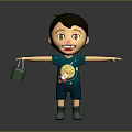 Cute Cartoon Game Movie Character with Brown Hair Big Eyes Holding Green Bucket Arms Outstretched