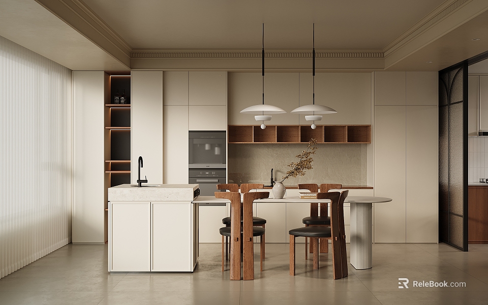 Modern Open Concept Restaurant Interior With Island Counter Pendant Lights And Wooden Chairs 3d model 