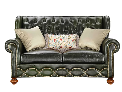Vintage Green Leather Tufted Sofa With Rolled Arms Wooden Legs And Patterned Cushions 3d model