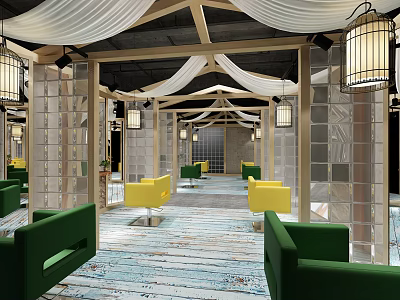 Beauty Hair Salon Interior With Wooden Ceiling White Curtains And Colorful Sofas 3d model