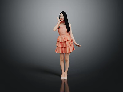 Elegant Woman With Long Black Hair In Orange Tiered Dress Waving Hand Against Gray Background 3d model