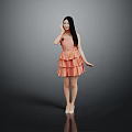 Elegant Woman With Long Black Hair In Orange Tiered Dress Waving Hand Against Gray Background 3d model