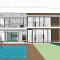 Modern Detached Villa Exterior With Swimming Pool Loungers Greenery Large Windows And Two Story Design