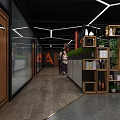Modern Public Office Space Featuring People Interacting Bookshelves Green Plants and Sofas