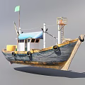 Old Yellow Hull Fishing Boat With Blue Roof Green Flag And Yellow Barrels On Deck