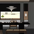 Modern Tea Room Interior With Pendant Light Dark Cabinets White Countertop Tea Sets Buddha Statue